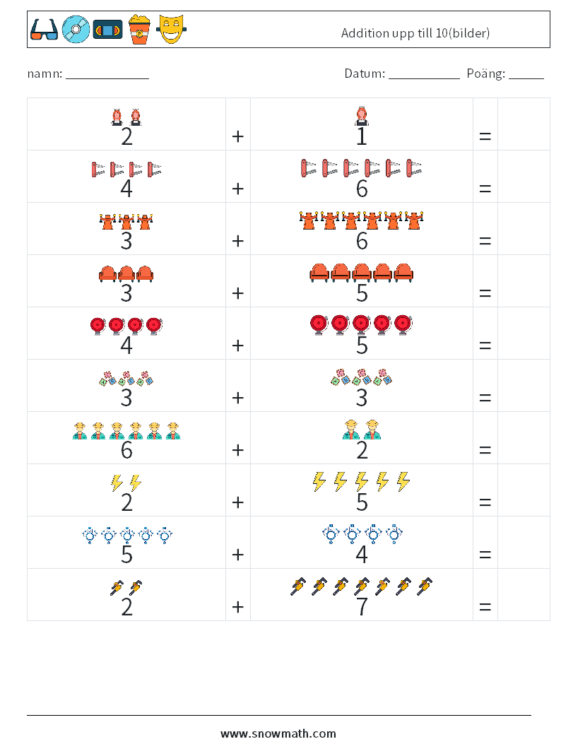 Addition upp till 10(bilder) Matematiska arbetsblad 3