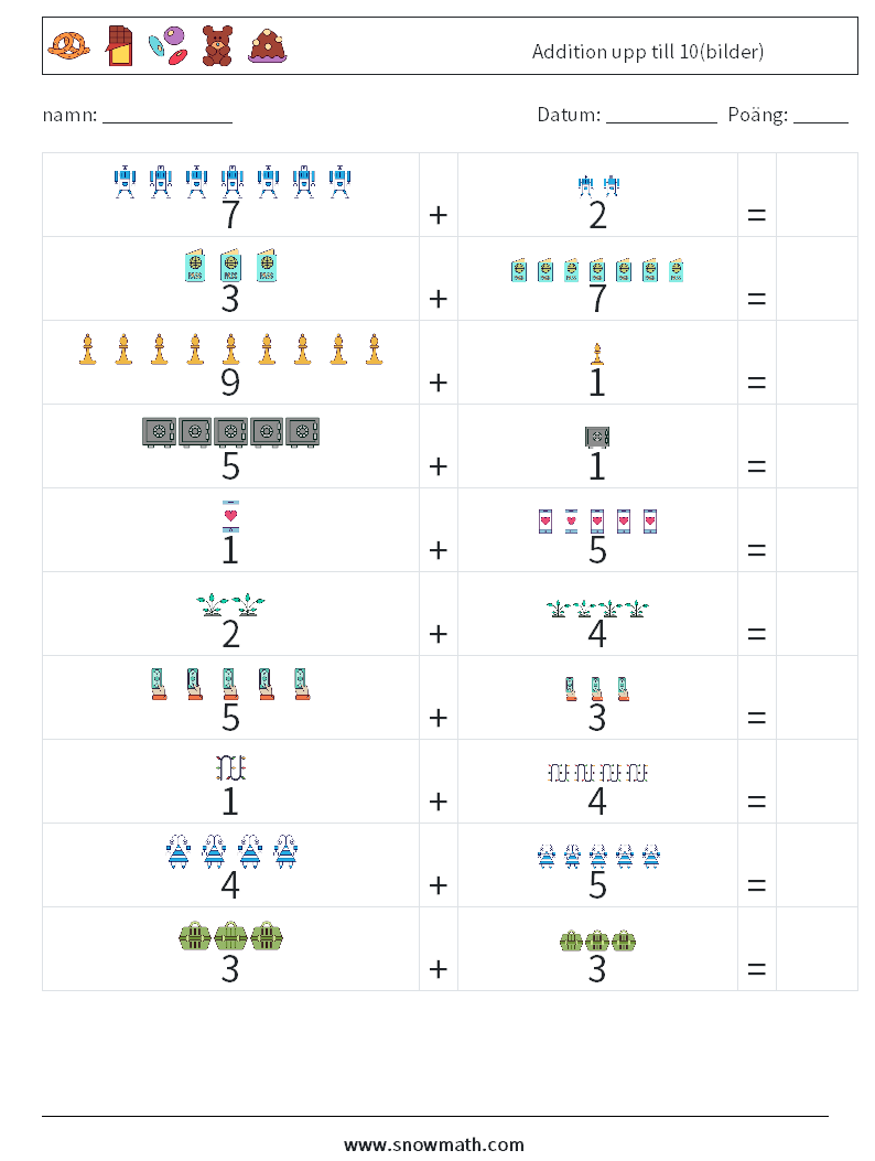 Addition upp till 10(bilder) Matematiska arbetsblad 5