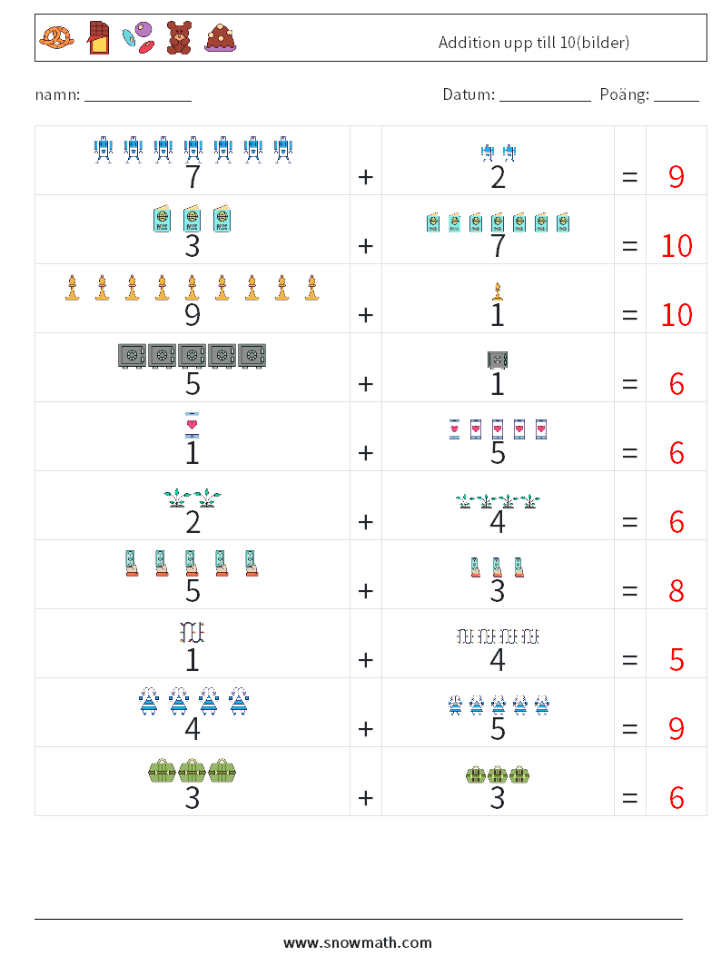 Addition upp till 10(bilder) Matematiska arbetsblad 5 Fråga, svar