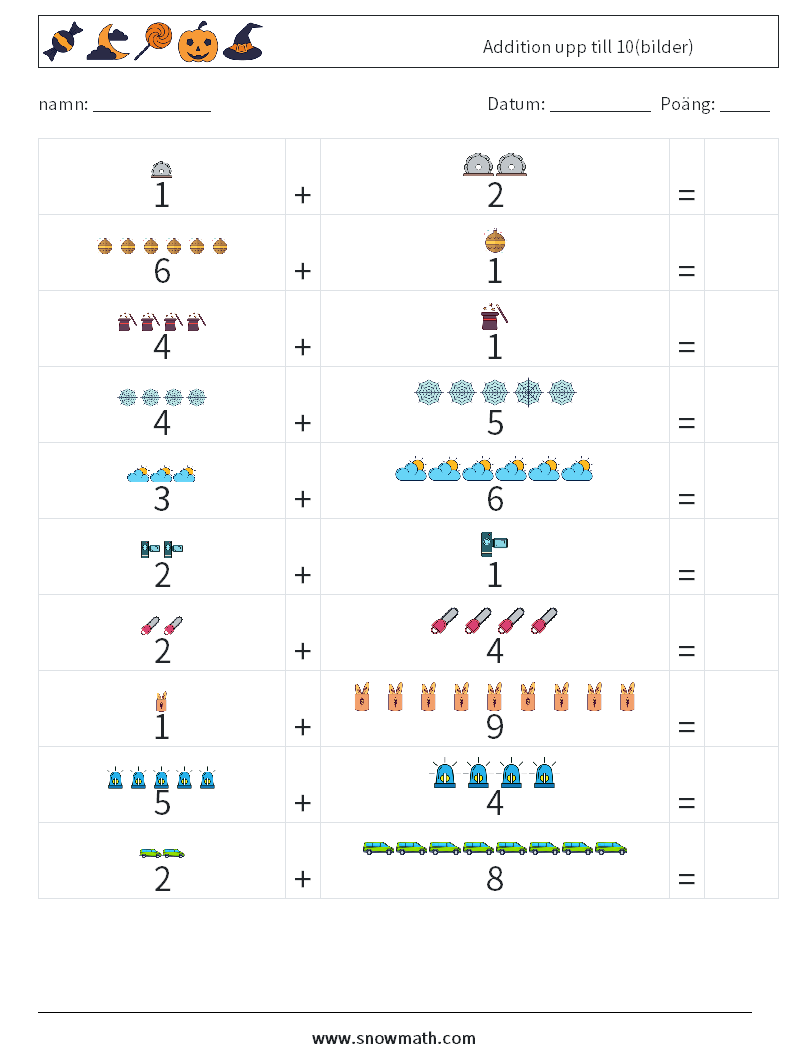 Addition upp till 10(bilder) Matematiska arbetsblad 6