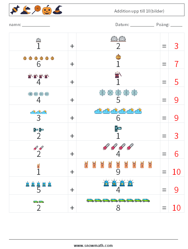 Addition upp till 10(bilder) Matematiska arbetsblad 6 Fråga, svar