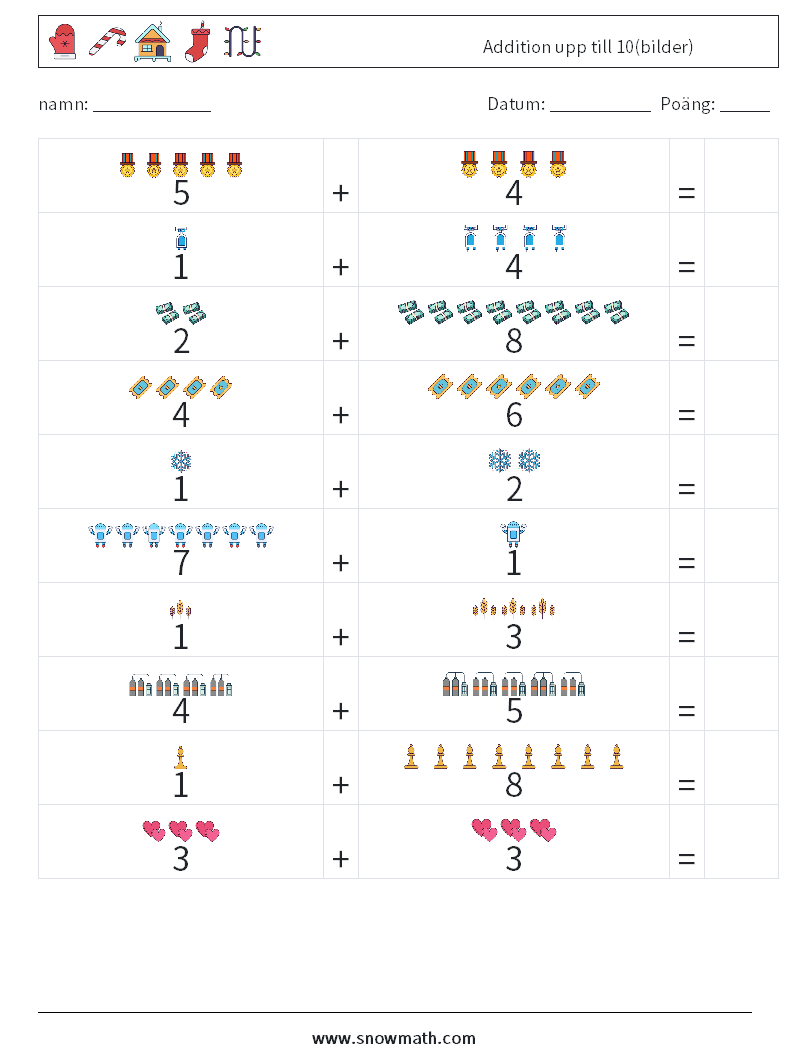 Addition upp till 10(bilder) Matematiska arbetsblad 7