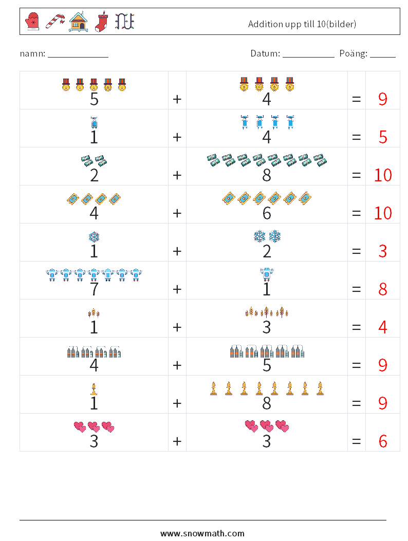 Addition upp till 10(bilder) Matematiska arbetsblad 7 Fråga, svar