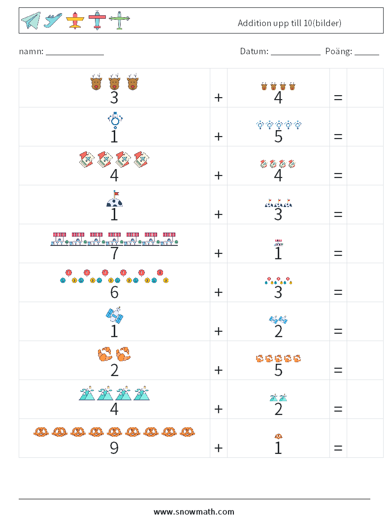 Addition upp till 10(bilder) Matematiska arbetsblad 8