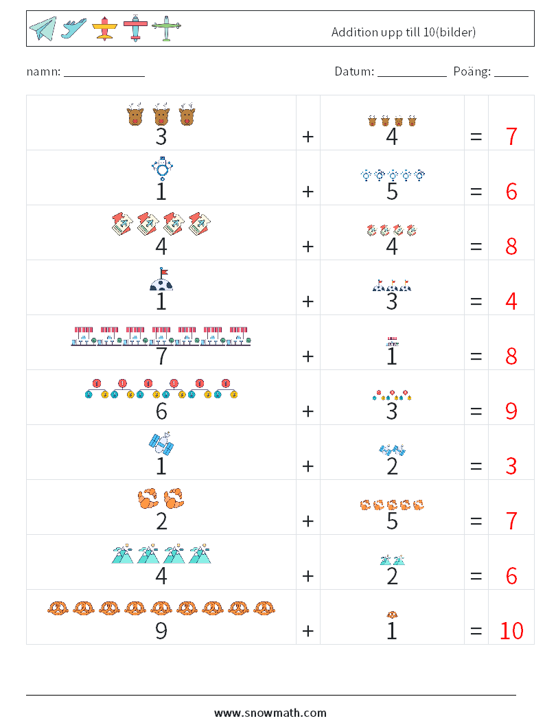 Addition upp till 10(bilder) Matematiska arbetsblad 8 Fråga, svar