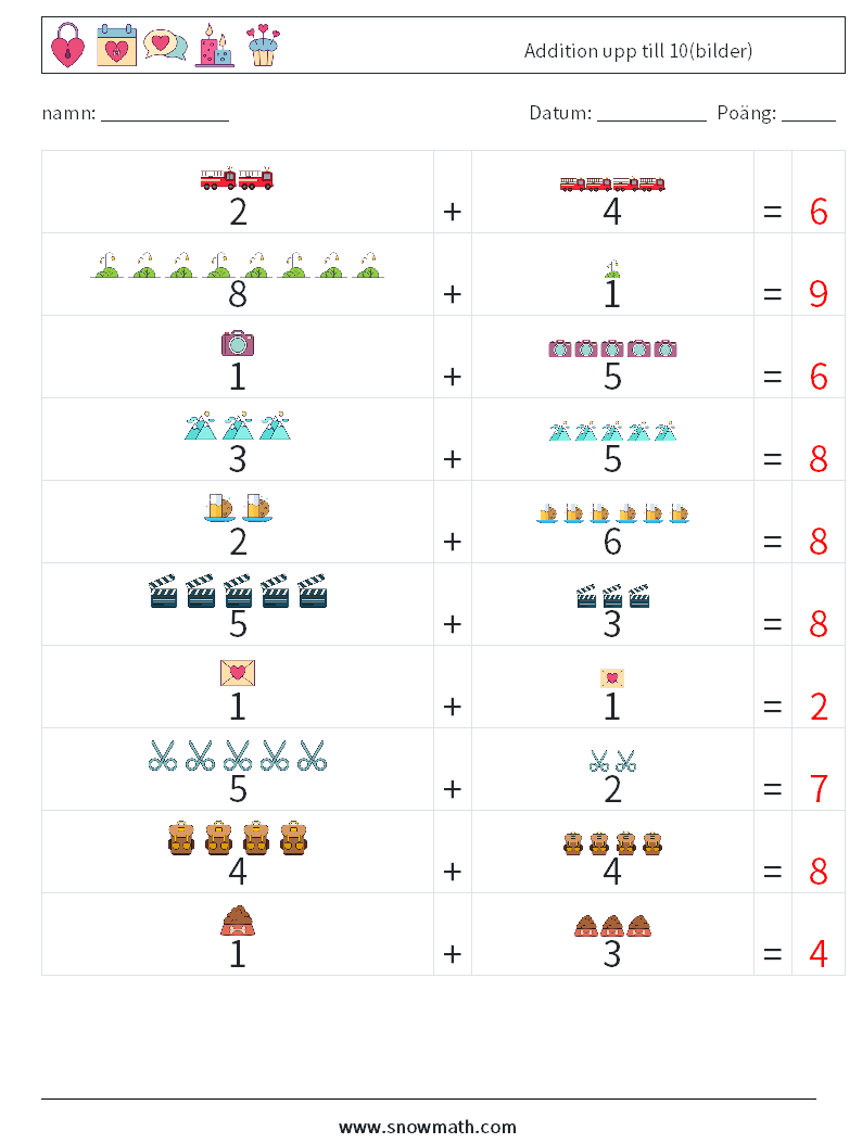 Addition upp till 10(bilder) Matematiska arbetsblad 9 Fråga, svar