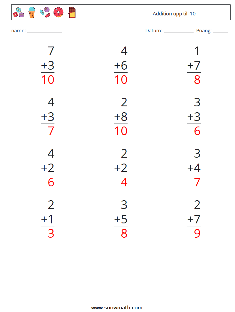 (12) Addition upp till 10 Matematiska arbetsblad 1 Fråga, svar