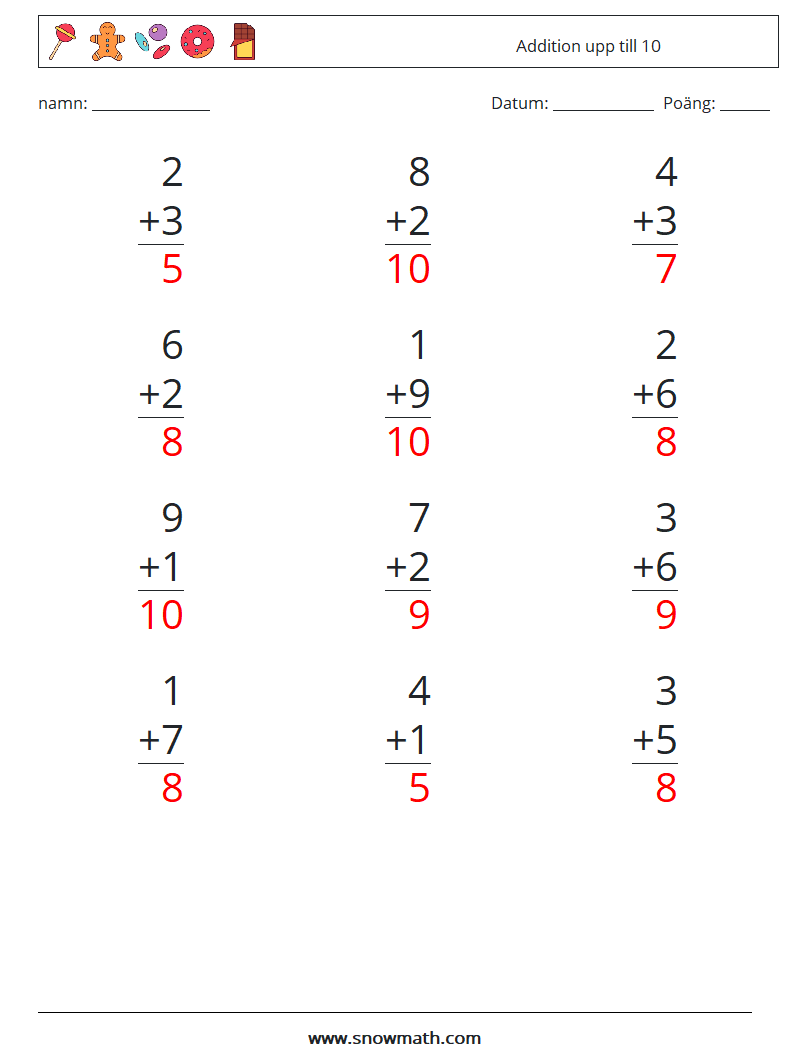 (12) Addition upp till 10 Matematiska arbetsblad 2 Fråga, svar