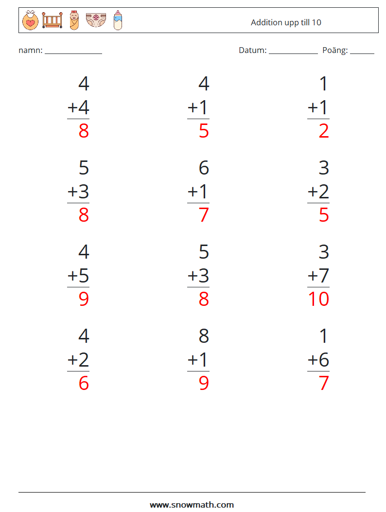 (12) Addition upp till 10 Matematiska arbetsblad 3 Fråga, svar