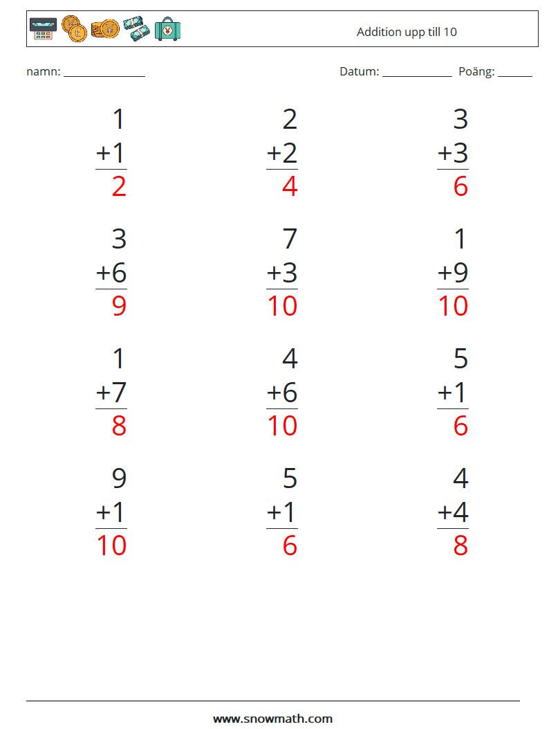 (12) Addition upp till 10 Matematiska arbetsblad 4 Fråga, svar