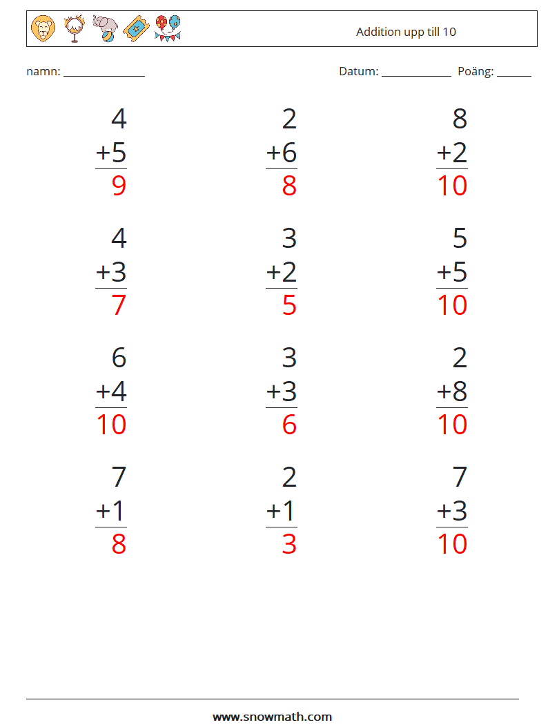 (12) Addition upp till 10 Matematiska arbetsblad 5 Fråga, svar