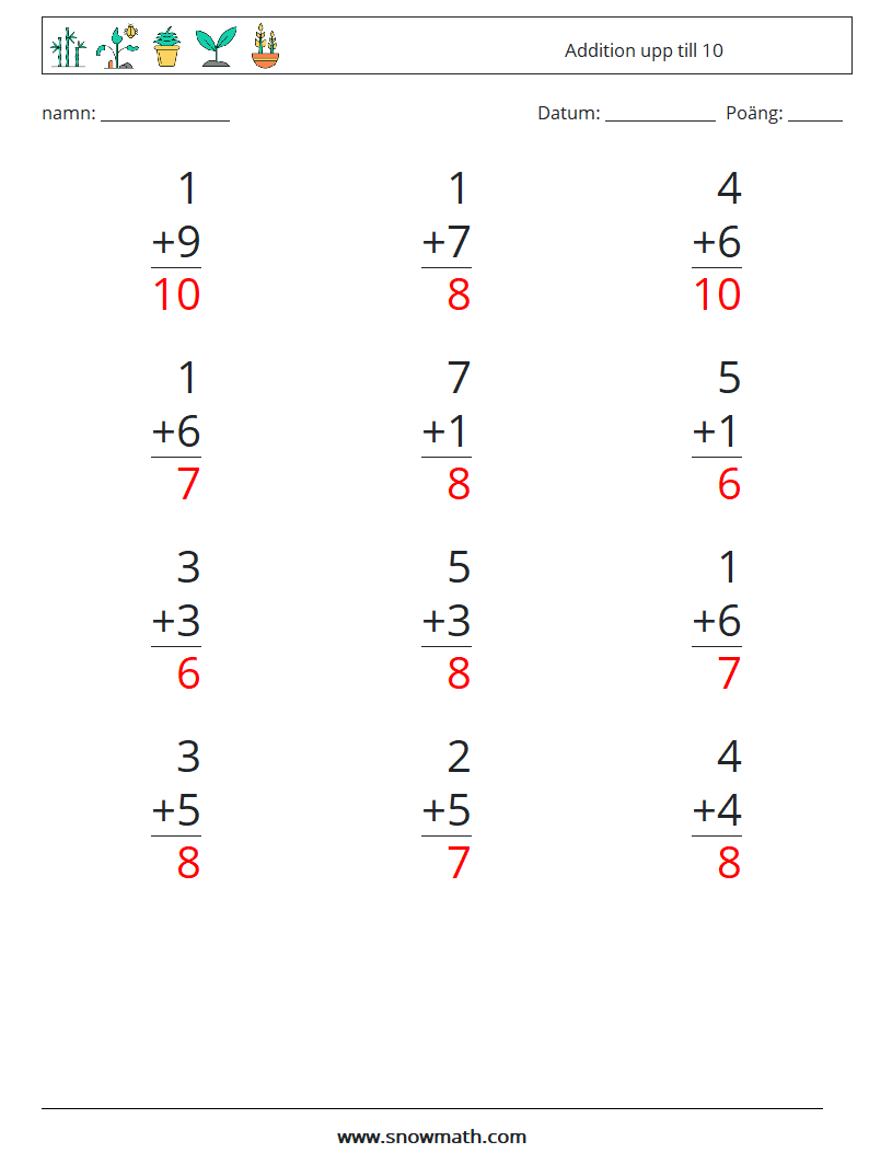 (12) Addition upp till 10 Matematiska arbetsblad 6 Fråga, svar