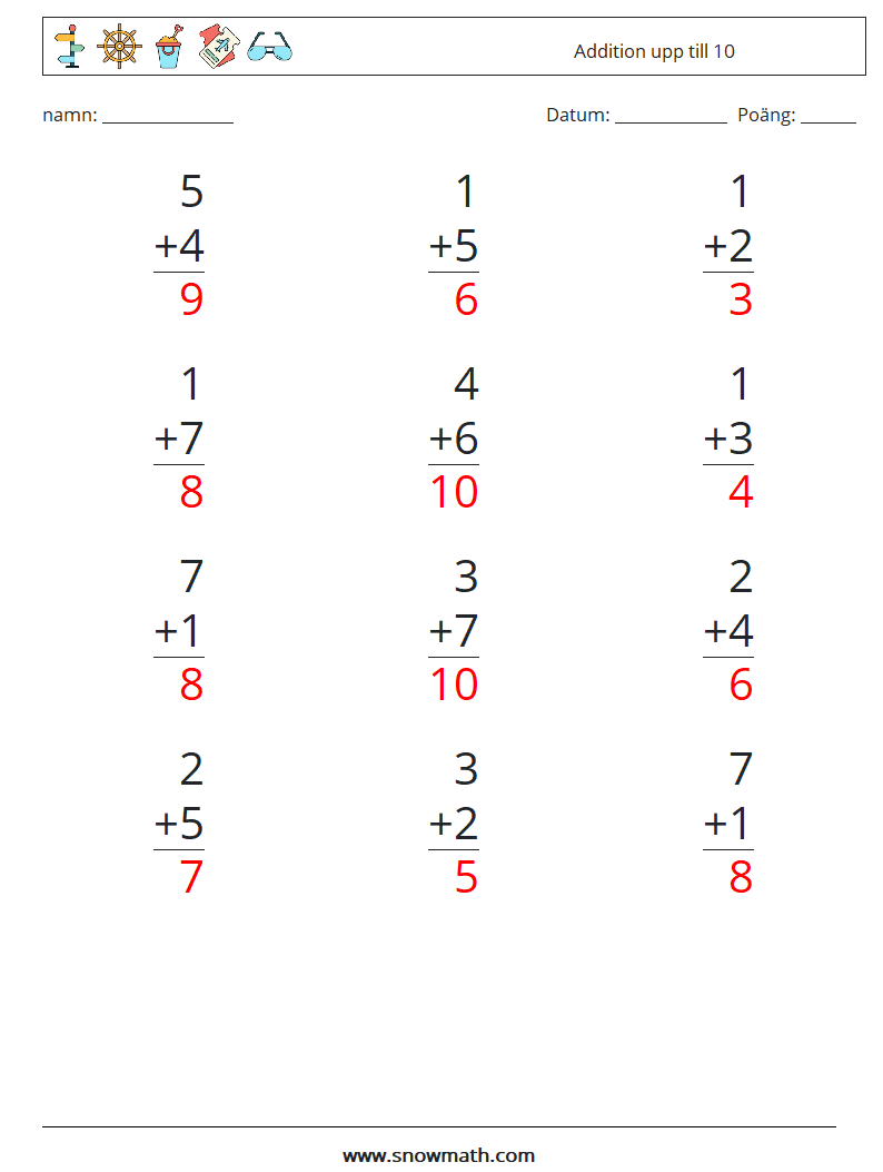 (12) Addition upp till 10 Matematiska arbetsblad 7 Fråga, svar