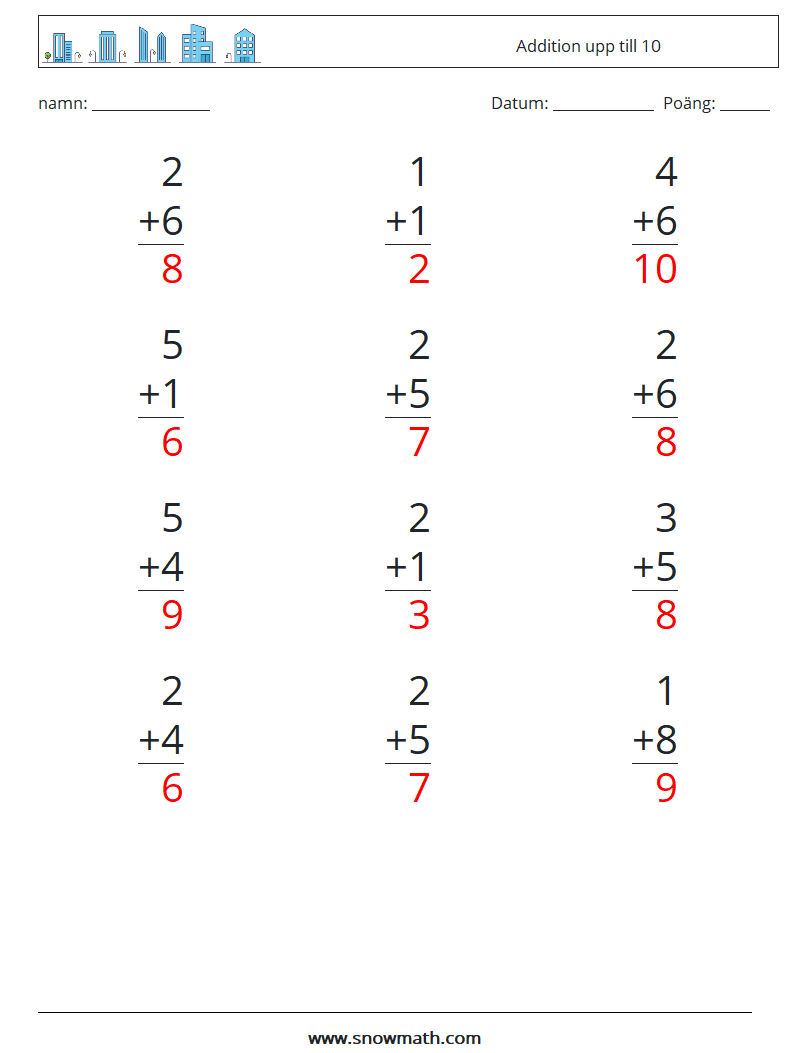 (12) Addition upp till 10 Matematiska arbetsblad 9 Fråga, svar