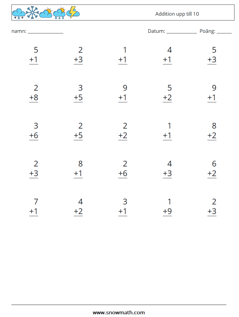 (25) Addition upp till 10 Matematiska arbetsblad 1