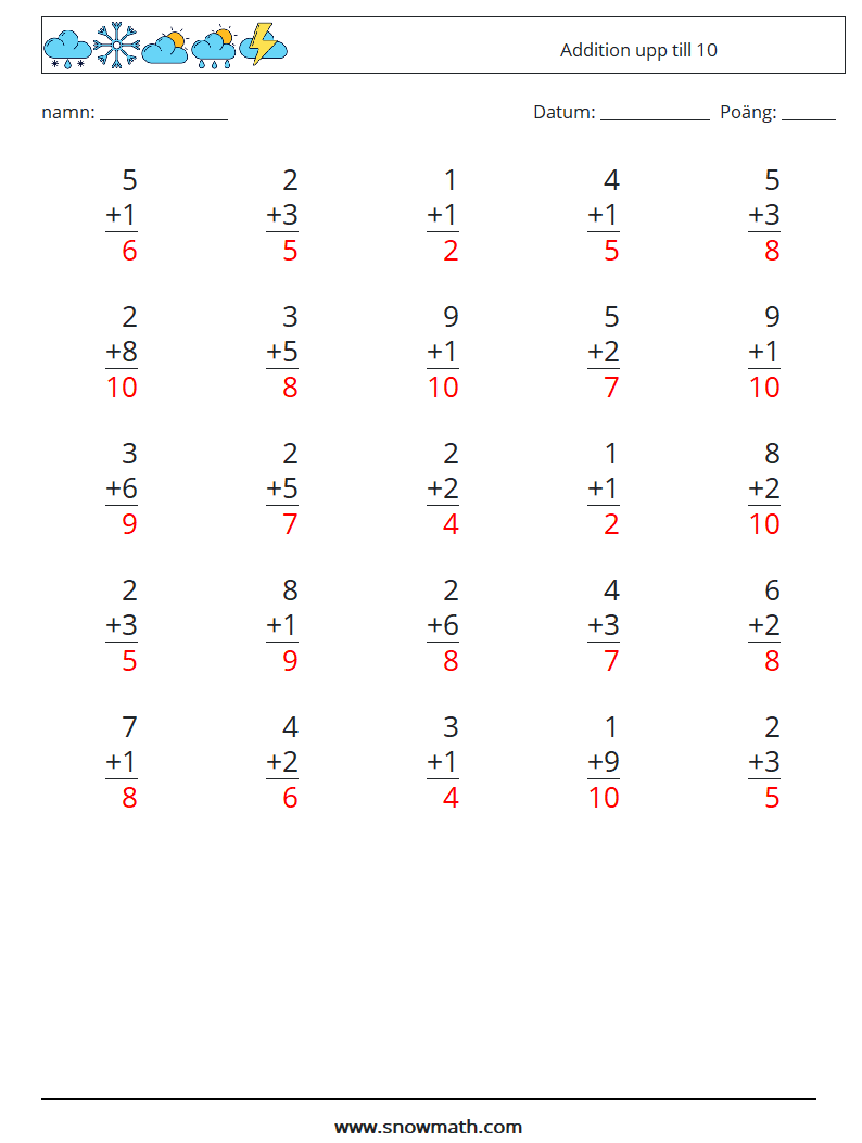 (25) Addition upp till 10 Matematiska arbetsblad 1 Fråga, svar