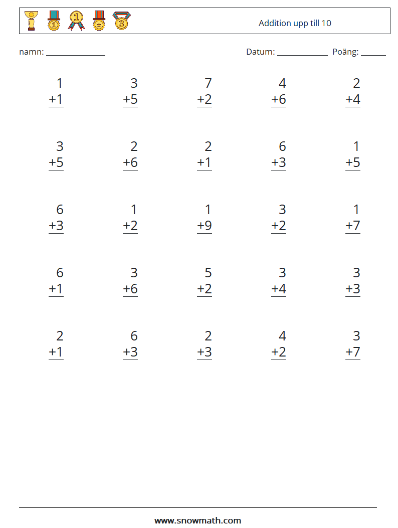 (25) Addition upp till 10 Matematiska arbetsblad 2