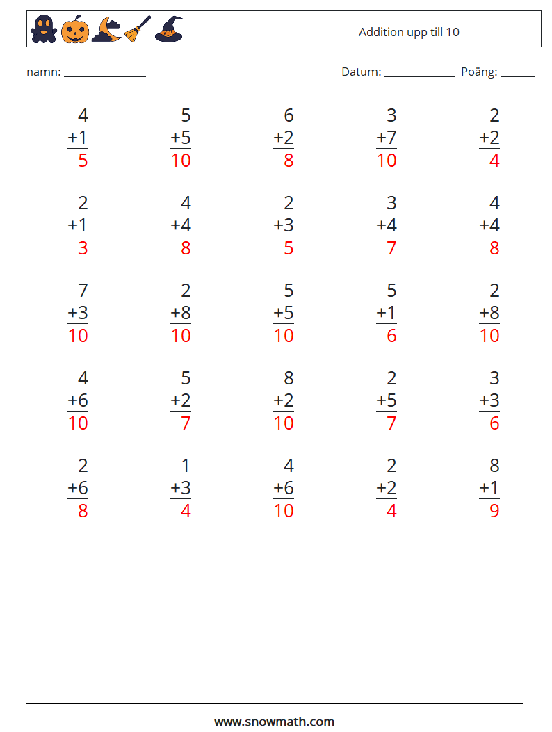 (25) Addition upp till 10 Matematiska arbetsblad 3 Fråga, svar