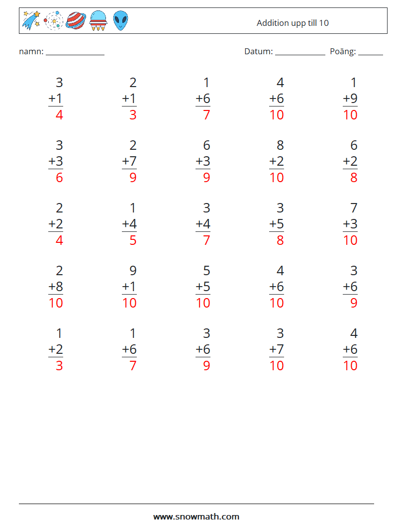 (25) Addition upp till 10 Matematiska arbetsblad 4 Fråga, svar