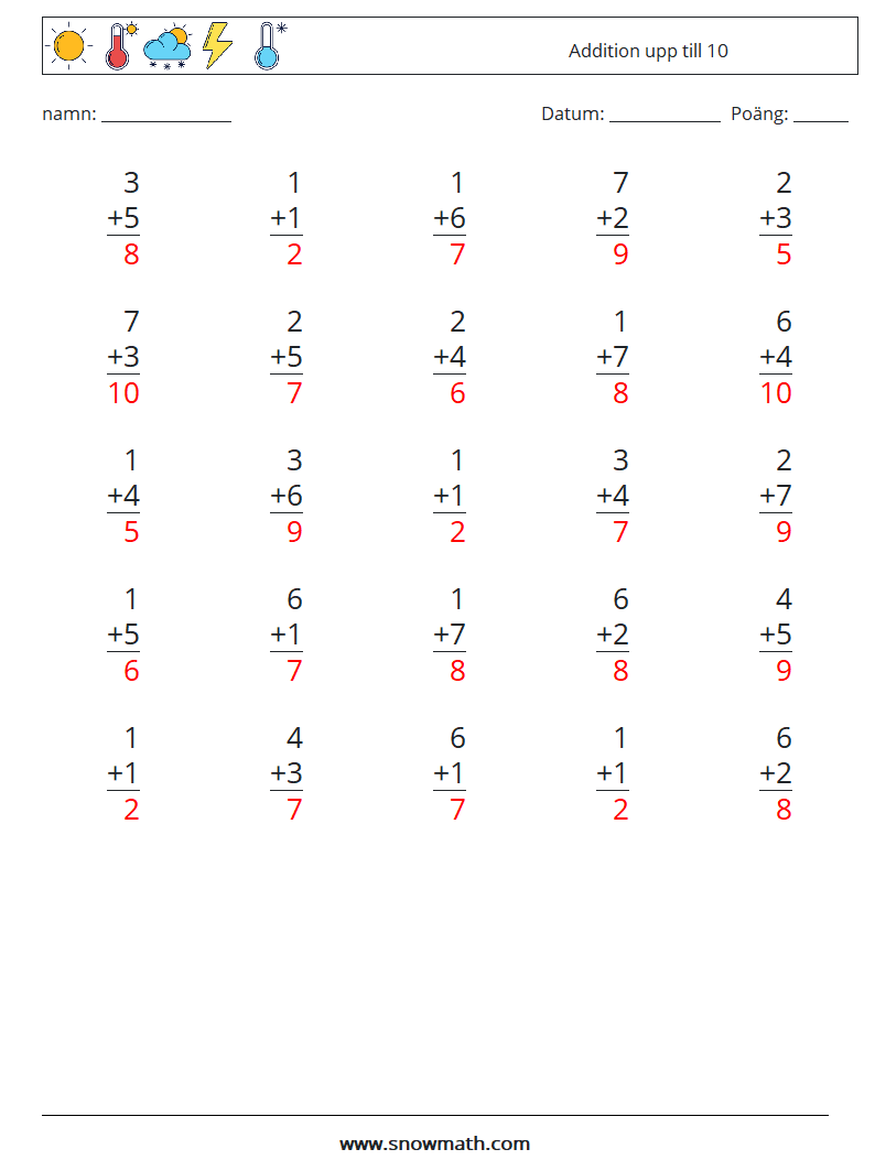 (25) Addition upp till 10 Matematiska arbetsblad 5 Fråga, svar