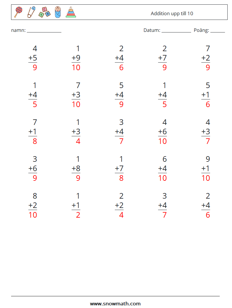 (25) Addition upp till 10 Matematiska arbetsblad 6 Fråga, svar