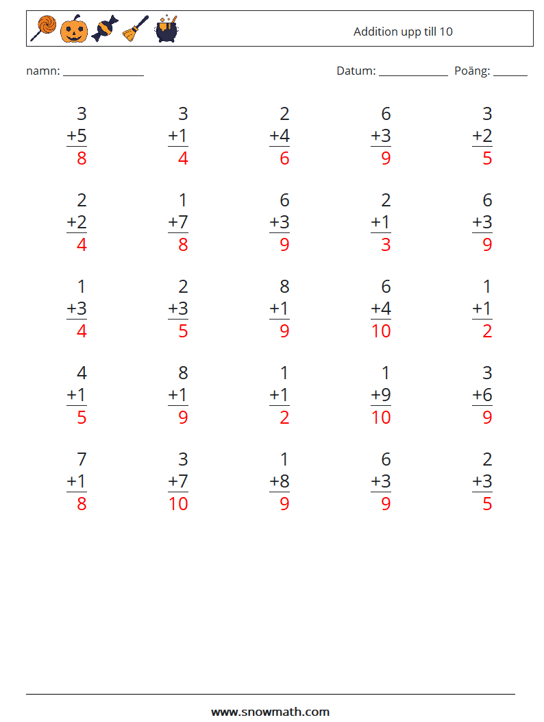 (25) Addition upp till 10 Matematiska arbetsblad 7 Fråga, svar