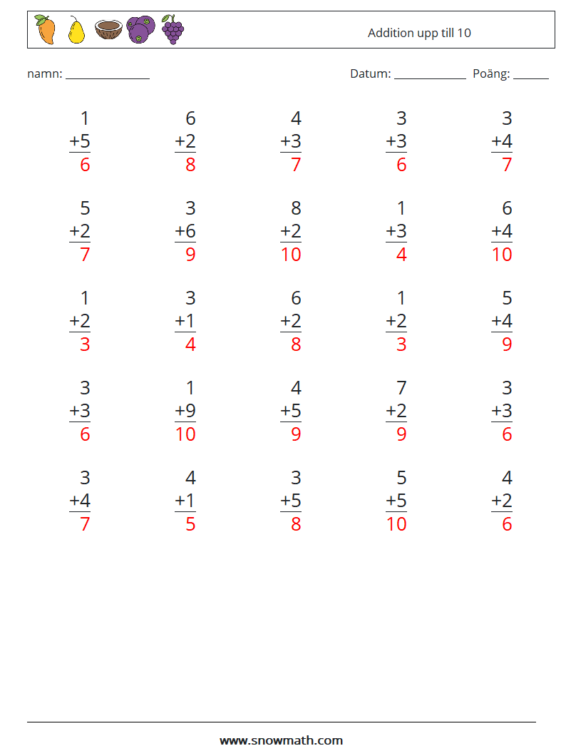 (25) Addition upp till 10 Matematiska arbetsblad 8 Fråga, svar