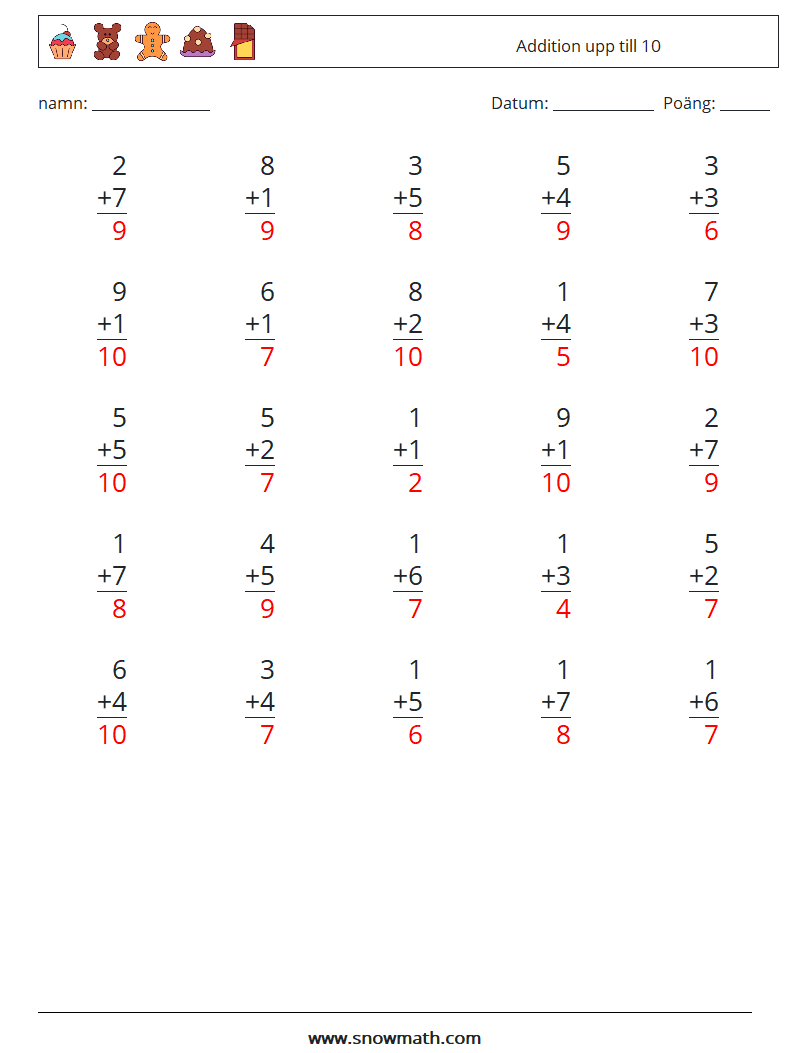 (25) Addition upp till 10 Matematiska arbetsblad 9 Fråga, svar