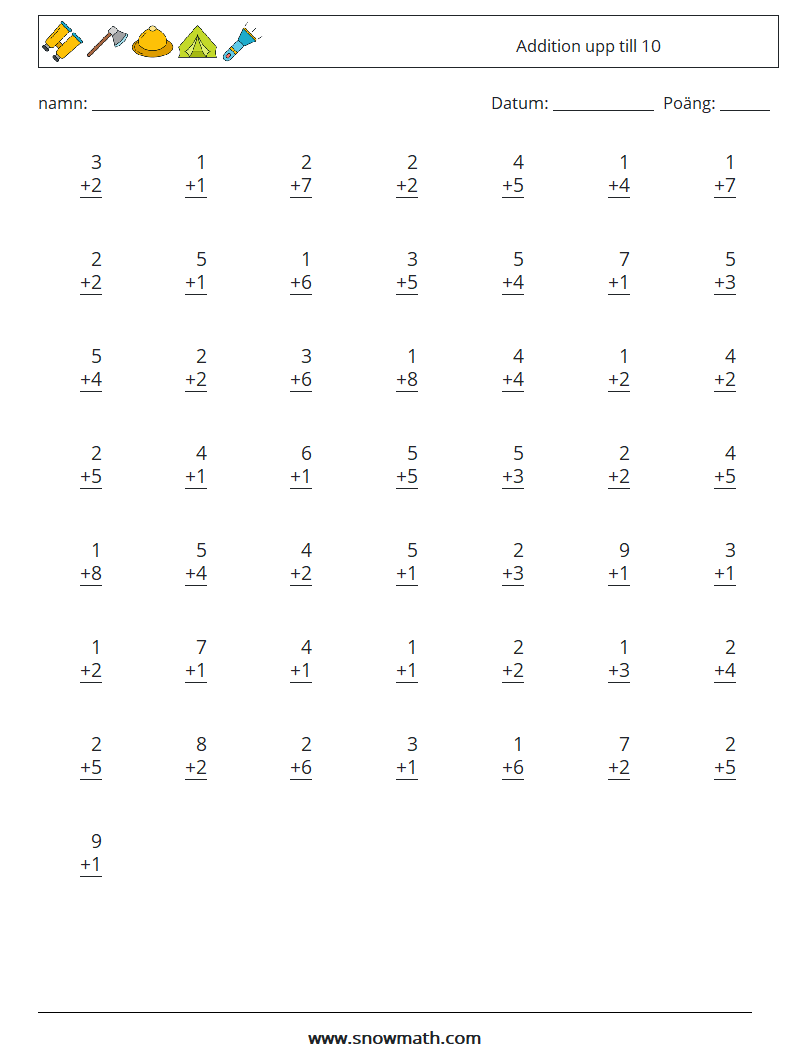 (50) Addition upp till 10 Matematiska arbetsblad 1