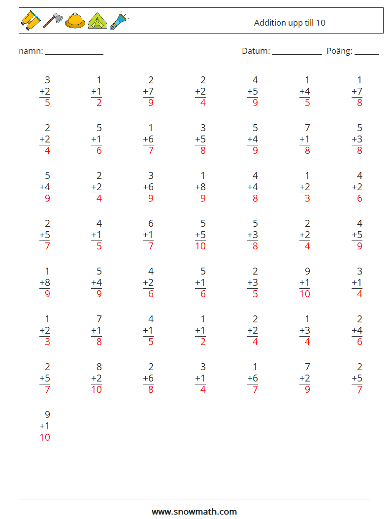 (50) Addition upp till 10 Matematiska arbetsblad 1 Fråga, svar