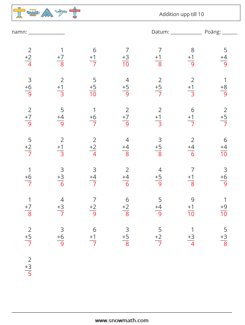 (50) Addition upp till 10 Matematiska arbetsblad 2 Fråga, svar