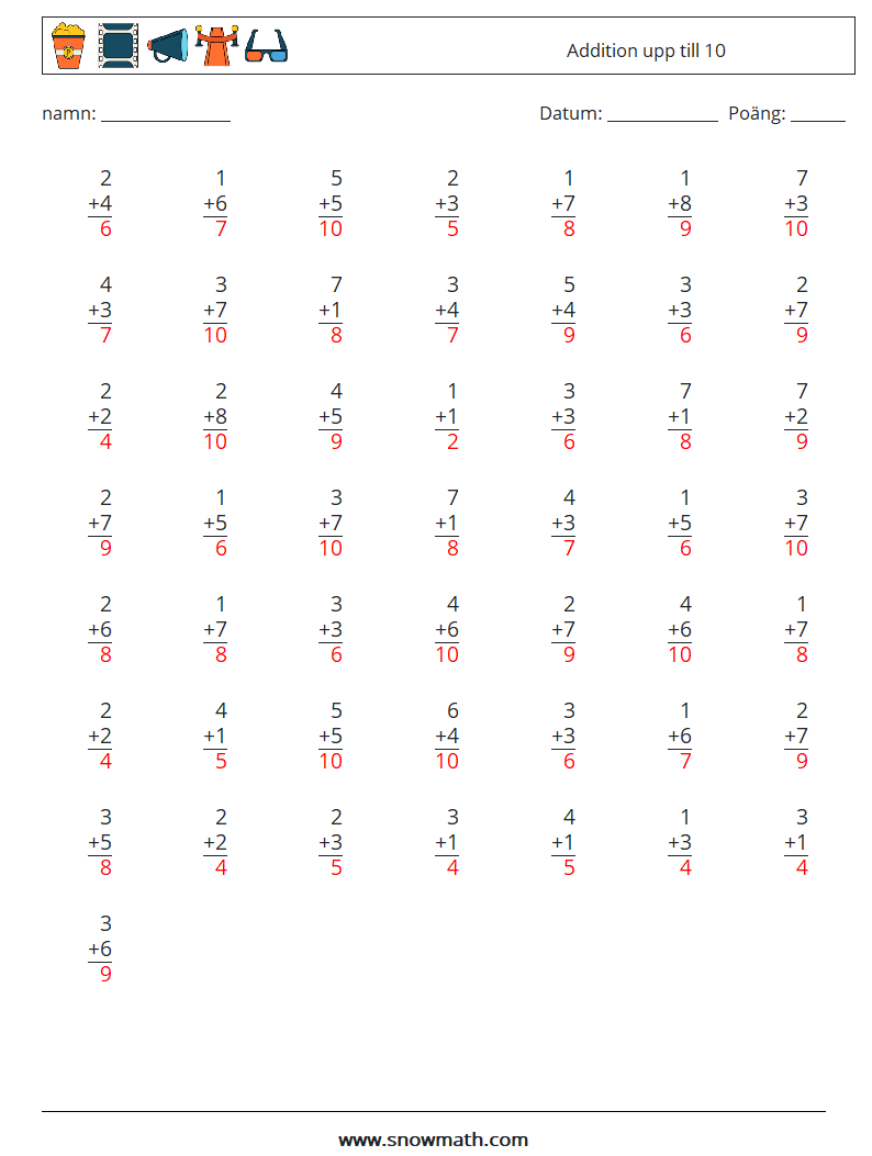 (50) Addition upp till 10 Matematiska arbetsblad 3 Fråga, svar