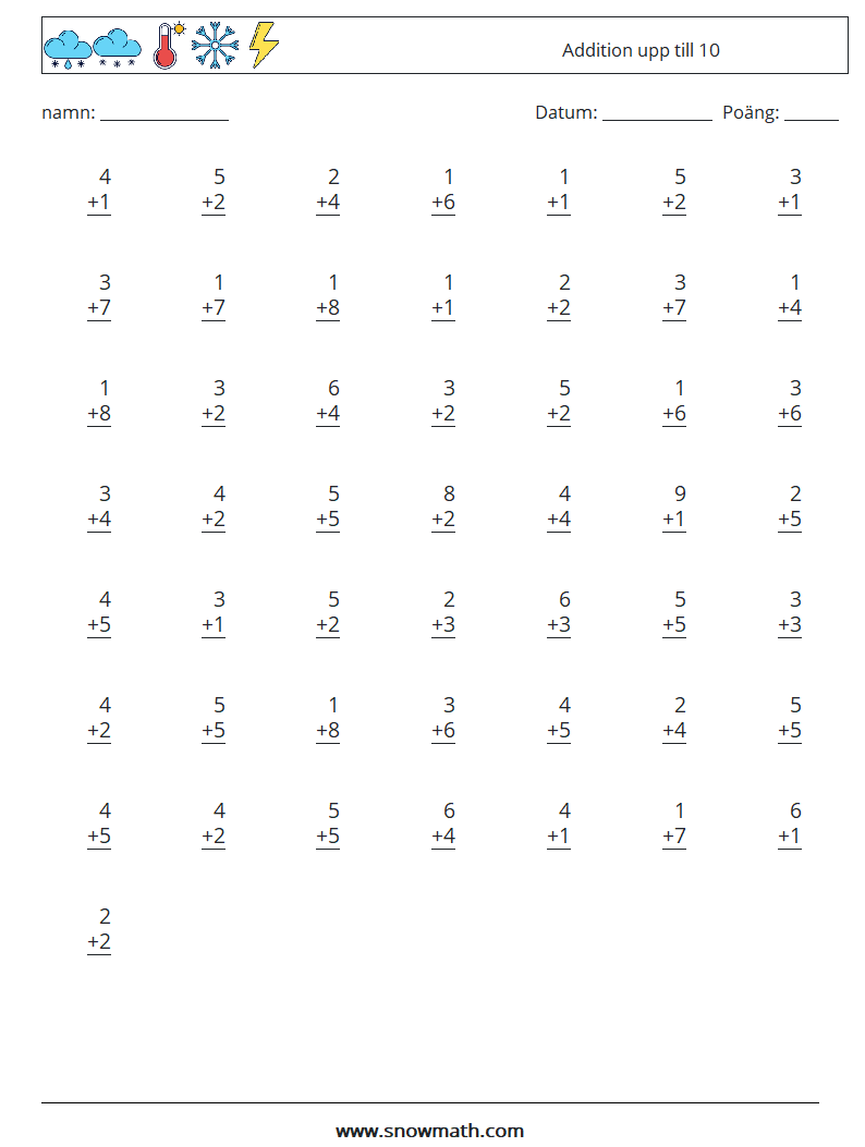 (50) Addition upp till 10 Matematiska arbetsblad 4