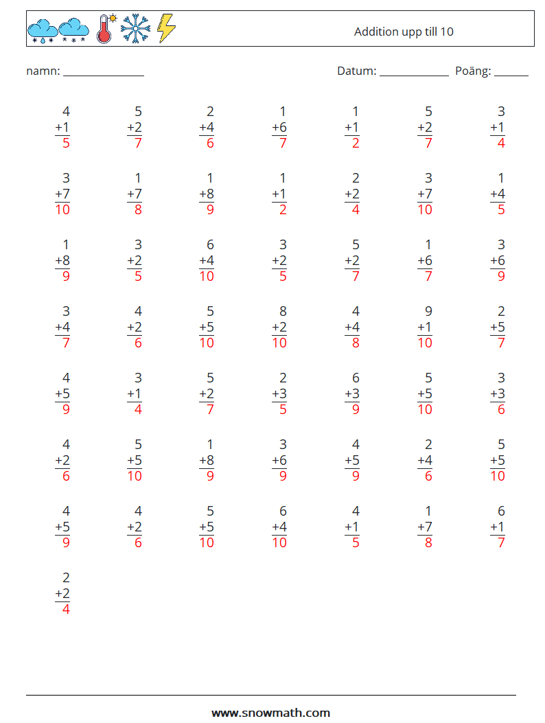 (50) Addition upp till 10 Matematiska arbetsblad 4 Fråga, svar