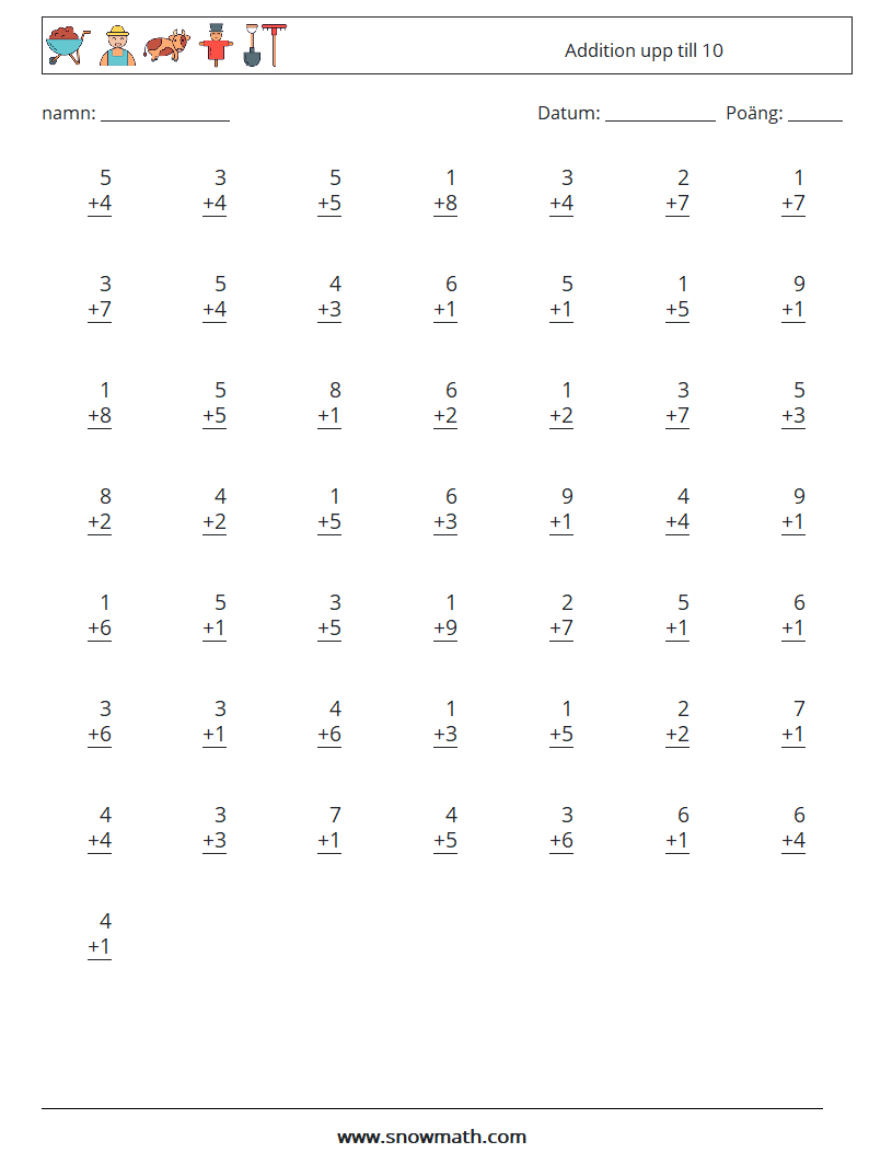 (50) Addition upp till 10 Matematiska arbetsblad 6