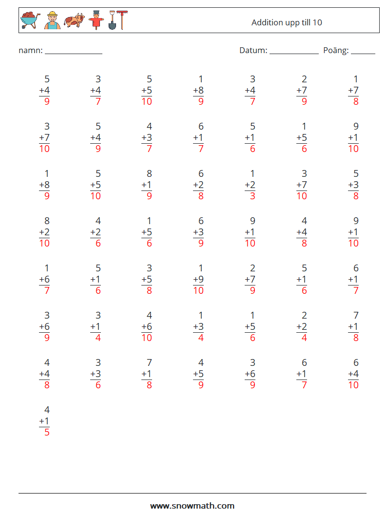 (50) Addition upp till 10 Matematiska arbetsblad 6 Fråga, svar