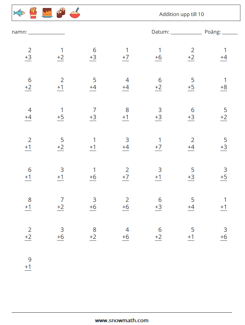 (50) Addition upp till 10 Matematiska arbetsblad 7