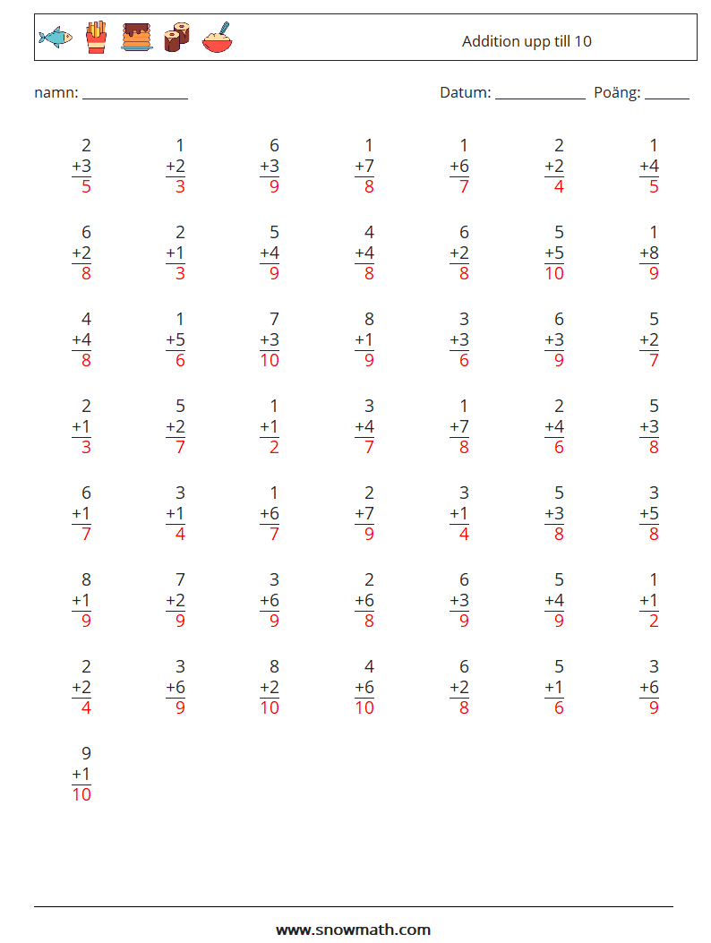 (50) Addition upp till 10 Matematiska arbetsblad 7 Fråga, svar