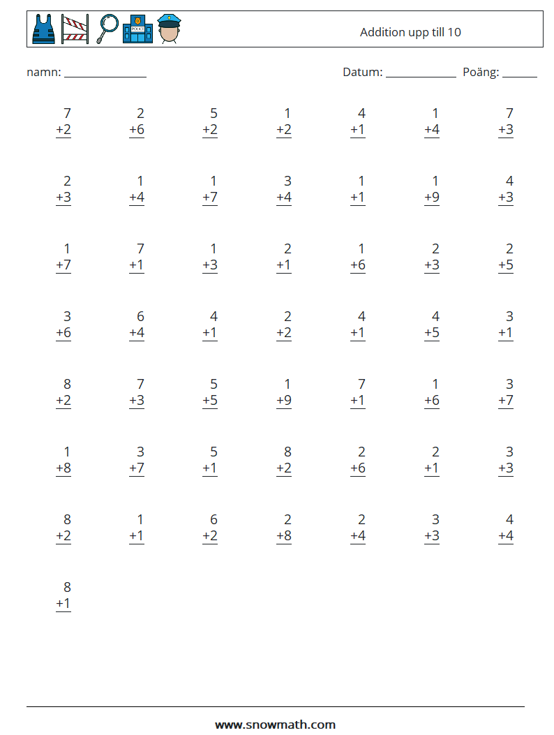 (50) Addition upp till 10 Matematiska arbetsblad 8