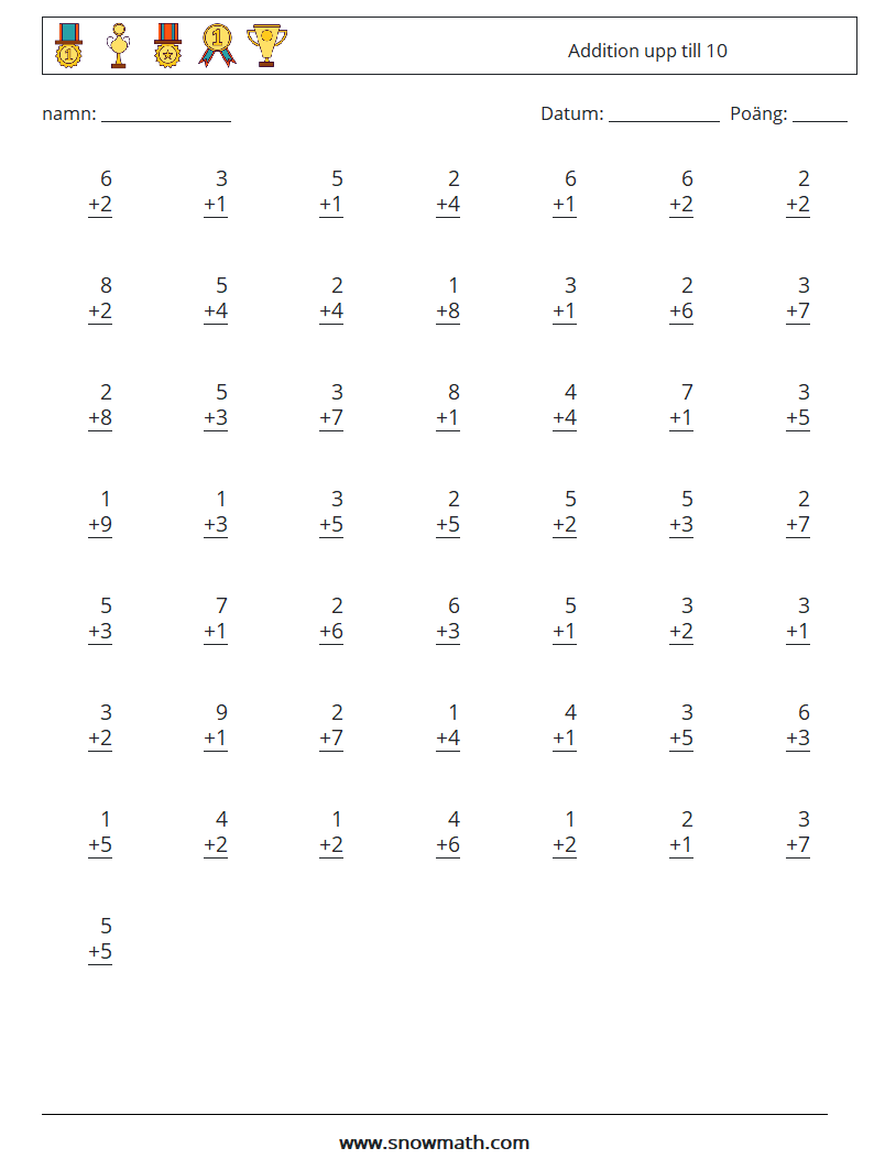 (50) Addition upp till 10 Matematiska arbetsblad 9