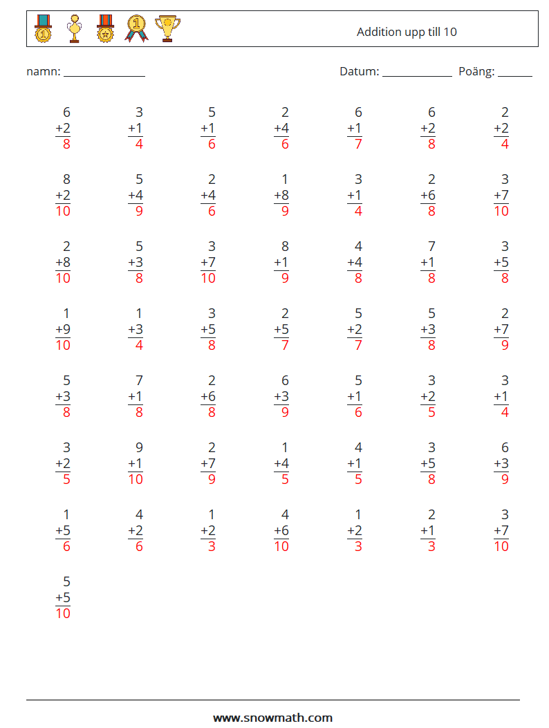 (50) Addition upp till 10 Matematiska arbetsblad 9 Fråga, svar