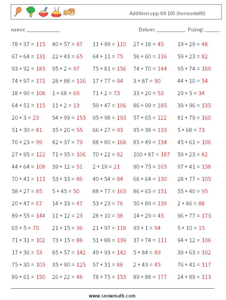 (100) Addition upp till 100 (horisontellt) Matematiska arbetsblad 5 Fråga, svar