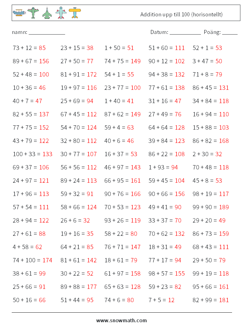 (100) Addition upp till 100 (horisontellt) Matematiska arbetsblad 6 Fråga, svar