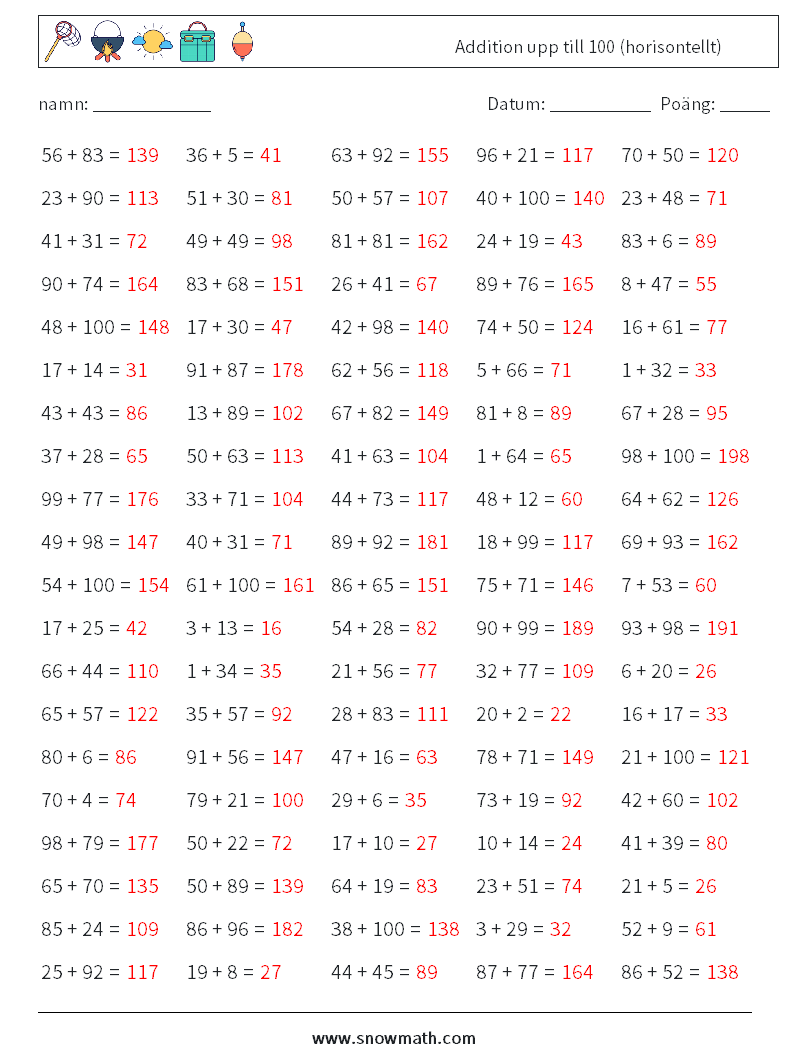 (100) Addition upp till 100 (horisontellt) Matematiska arbetsblad 9 Fråga, svar