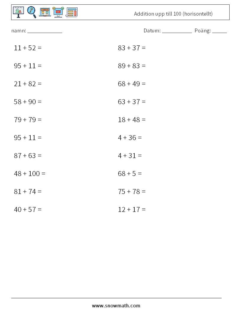 (20) Addition upp till 100 (horisontellt) Matematiska arbetsblad 1