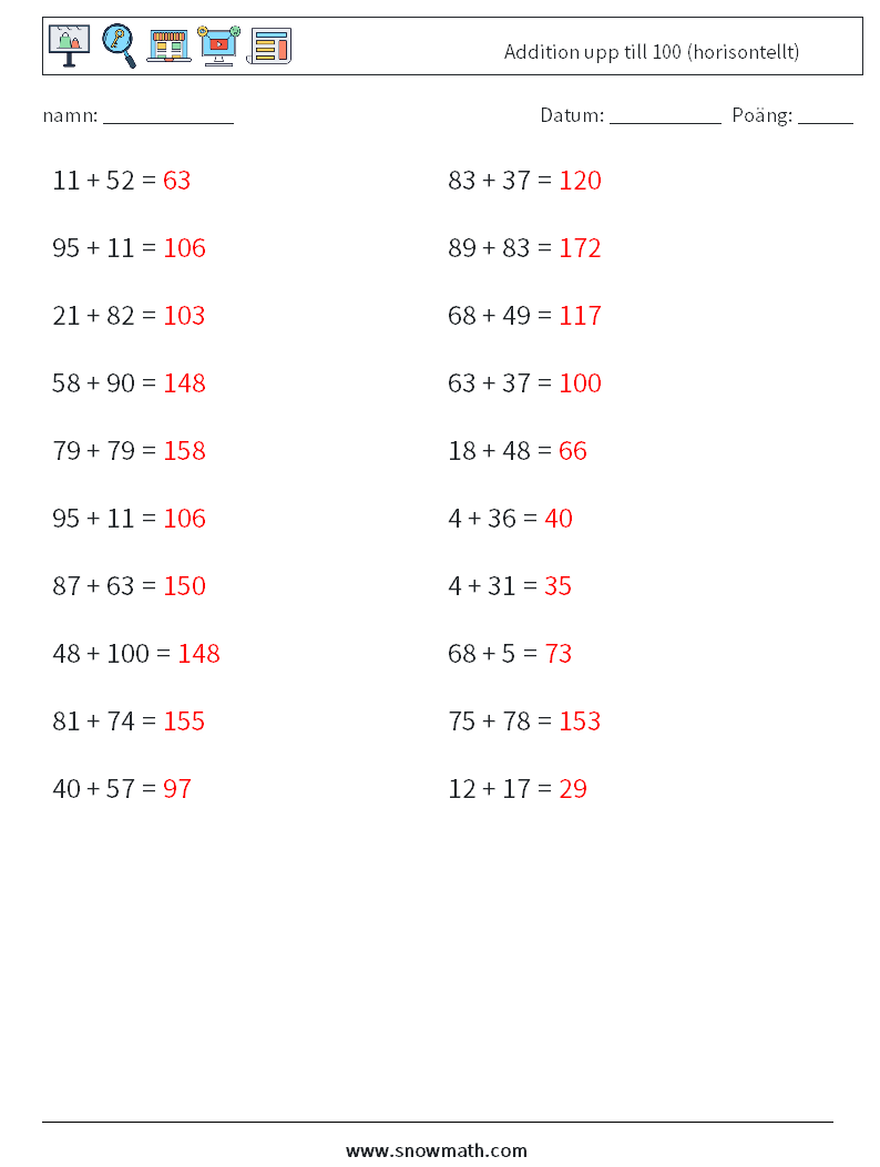 (20) Addition upp till 100 (horisontellt) Matematiska arbetsblad 1 Fråga, svar