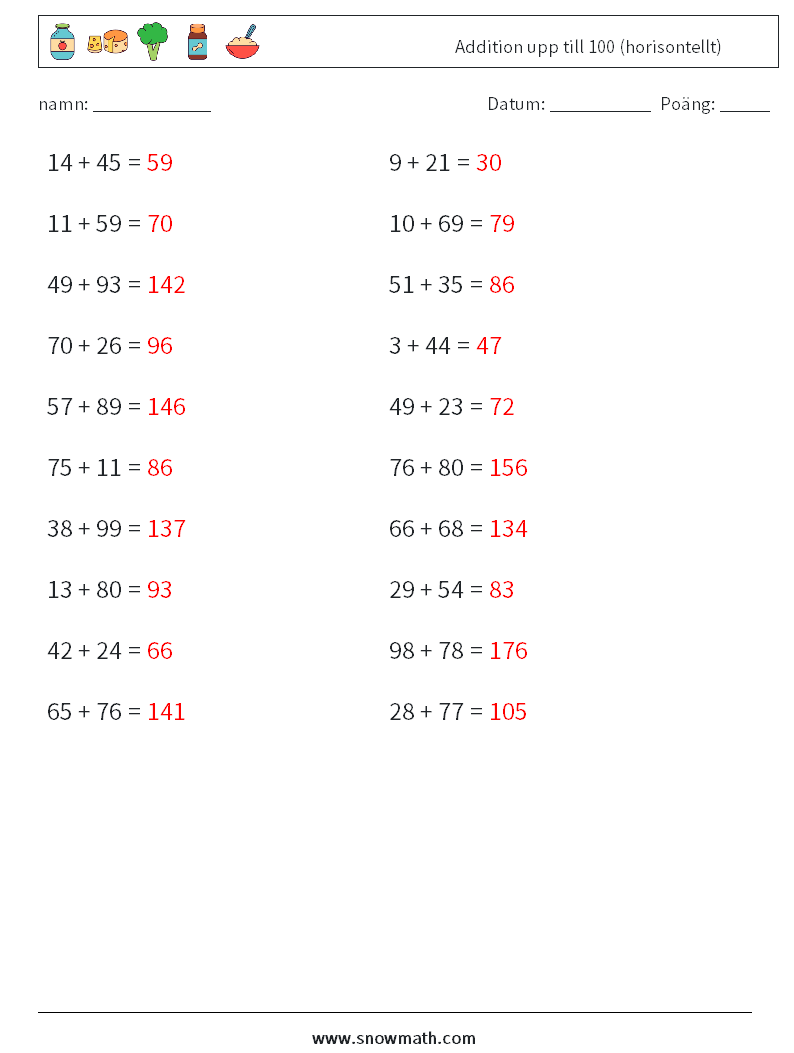 (20) Addition upp till 100 (horisontellt) Matematiska arbetsblad 2 Fråga, svar