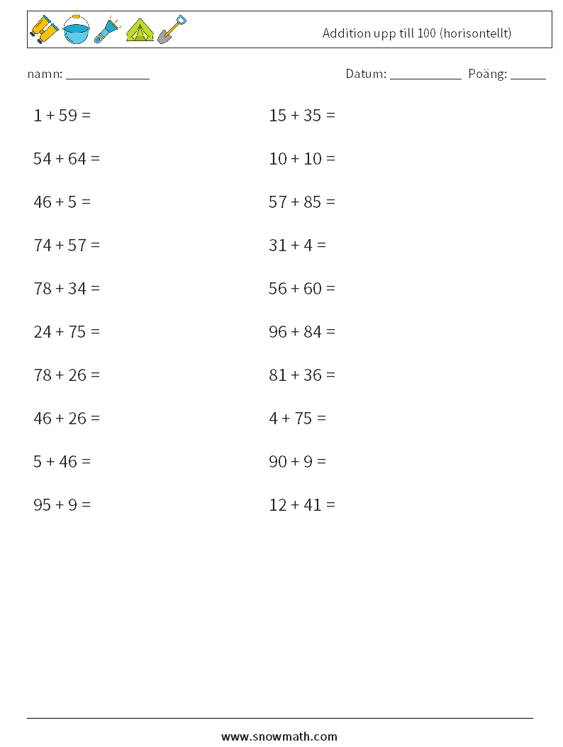 (20) Addition upp till 100 (horisontellt) Matematiska arbetsblad 3