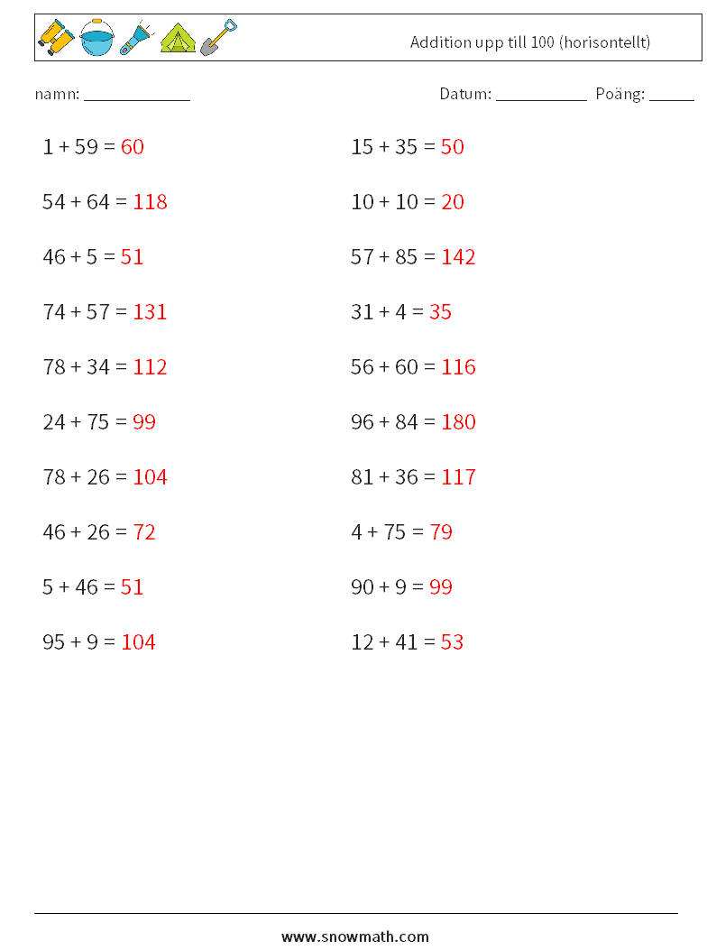 (20) Addition upp till 100 (horisontellt) Matematiska arbetsblad 3 Fråga, svar