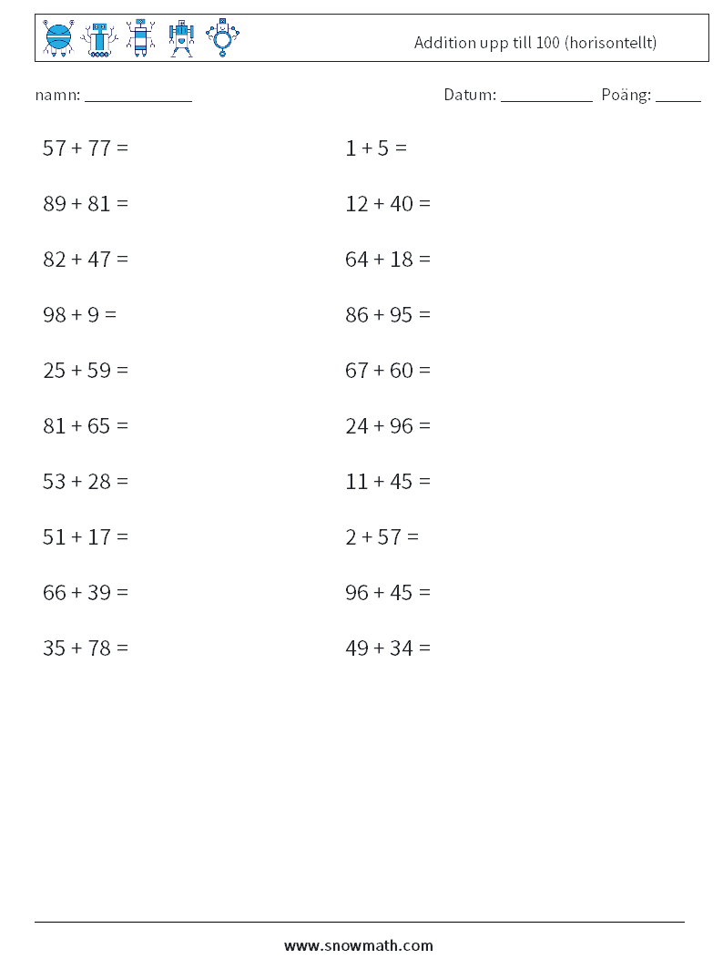 (20) Addition upp till 100 (horisontellt) Matematiska arbetsblad 4